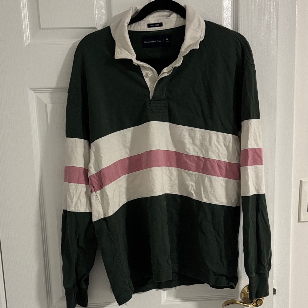 Abercrombie & Fitch oversized Dark Green Rugby Shirt with White and Pink Stripes